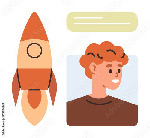 Smiling individual next to a rocket and text box. Ideal for innovation, ambition, startup, growth, leadership, education, motivation. A simple flat metaphor