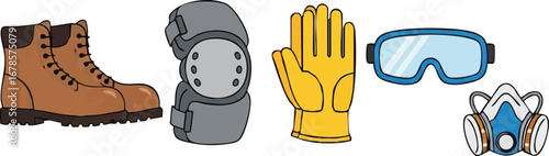 Essential personal protective equipment, like work boots, knee pads, gloves, safety goggles, and a respirator, is vital for occupational safety and protection.