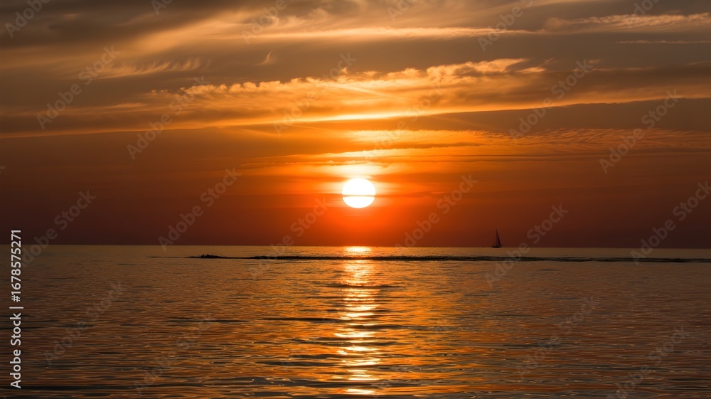 Fototapeta premium Golden Hour Symphony: The radiant sun descends over the tranquil ocean, painting the sky in hues of gold and orange, a mesmerizing dance of light and shadow.