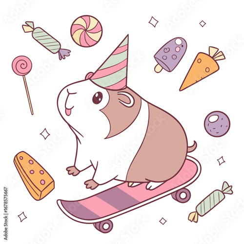 Cute Dreamy Guinea pig, accessorized with riding a skateboard, in a Birthday world – Candy Shop palette vector
