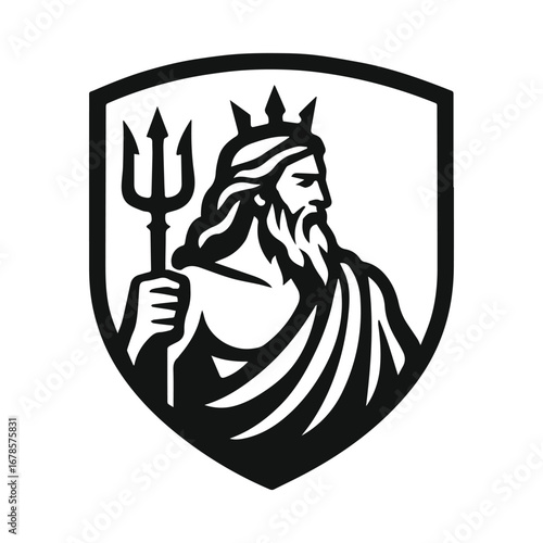 Poseidon God Silhouette in Shield Logo Design Isolated on Transparent Background, generative ai