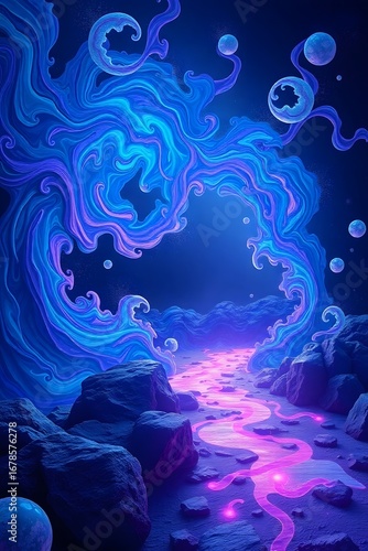 A surreal landscape with glowing river, rocks, and swirling blue energy formations in the dark night sky