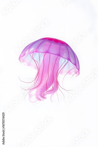 Isolated pink jellyfish with long tentacles floating in a white background aquatic environment view