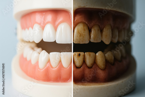 Dental Health Comparison Clean vs Unclean Dentures Oral Hygiene and Care Contrast Model Teeth Before and After Cleaning