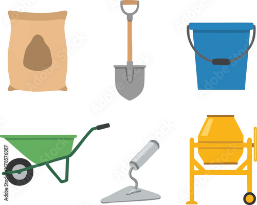 A vibrant collection of essential construction and building tools, including a cement bag, shovel, bucket, wheelbarrow, trowel, and mixer.