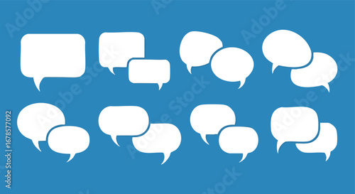 Collection of blank white speech bubbles on blue background, ideal for communication design.