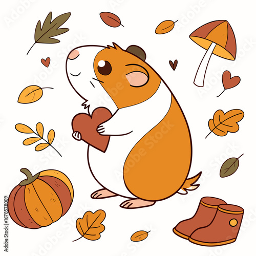 An adorable Guinea pig with a Cheerful vibe, holding a heart, and a Autumn Leaves Autumn theme – SVG style
