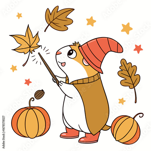 Cute Cheerful Guinea pig, accessorized with with a magic wand, in a Autumn world – Autumn Leaves palette vector