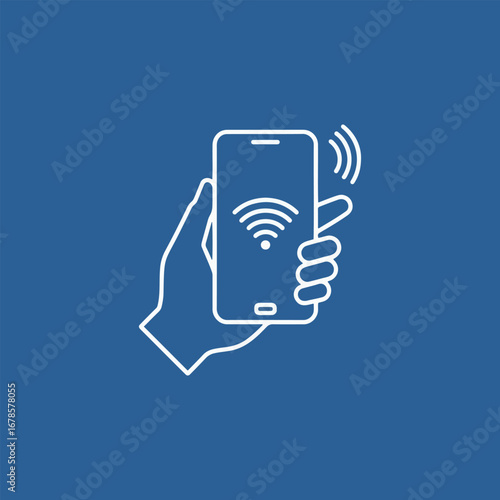 A hand holding a smartphone with a WiFi signal emitting from the screen, indicating connectivity.