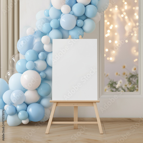 front view aspect ratio 3:4 birthday easel mockup standing upright, soft daisy-themed background with one light blue and white balloon arch, clean backdrop