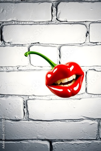 A red cherry with human lips and teeth against a white brick wall in a vertical composition shot