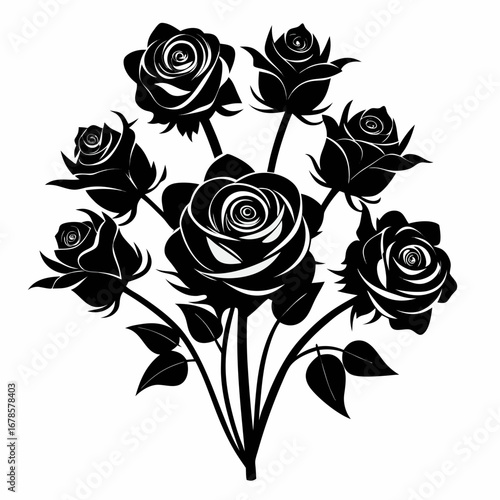 Mystic Roses Bundle Black Silhouette Vector Illustration on White Background