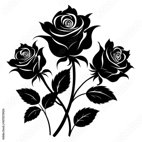 Mystic Roses Bundle Black Silhouette Vector Illustration on White Background