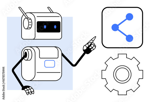 Robot gestures at a connection network icon with a gear symbol nearby. Ideal for AI, automation, robotics, networking, technology, innovation, educational tools, simple landing page