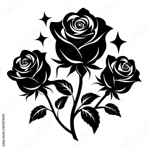 Mystic Roses Bundle Black Silhouette Vector Illustration on White Background