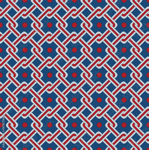 Abstract geometric lattice pattern with diagonal ribbon-like interwoven shapes and circular dot accents. Retro-inspired yet modern, suitable for wallpaper, textile prints, packaging, digital backdrops