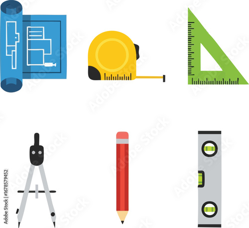 This vector illustration presents a diverse collection of fundamental tools for architecture, engineering, and construction, including drafting instruments and precise measuring devices.
