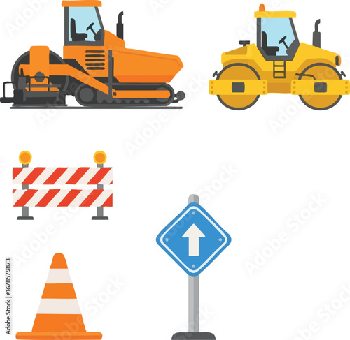 Illustrative flat vector set of construction equipment and road safety items, including a paver, roller, cone, barrier, and arrow sign, perfect for design.