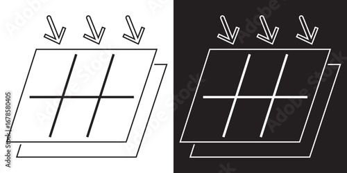Digital voltage meter line and inverse icon. Minimalist illustration of a digital voltage meter device, showing both light and dark theme line art for technical or educational use.

