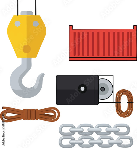 A clear vector illustration depicting essential industrial equipment for heavy lifting and construction, including a crane hook, shipping container, winch, rope, and chain.