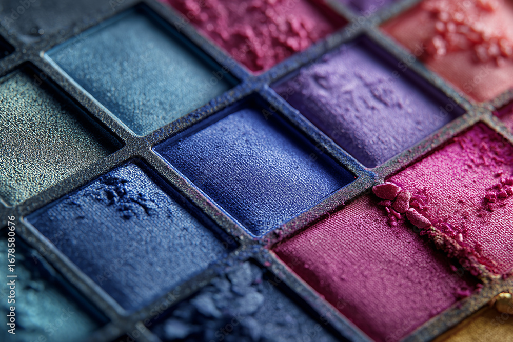 Fototapeta premium Close-up of vibrant and textured eyeshadow palette with various shades of blue, purple, and pink makeup powders