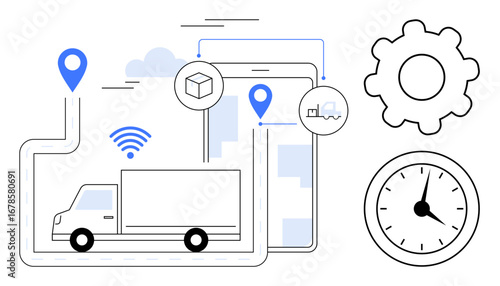 Truck with wireless connectivity, GPS pins, clock, gear, and tablet highlights supply chain, technology, and efficiency. Ideal for logistics, management delivery innovation automation