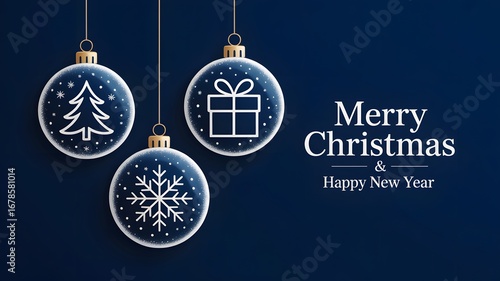 Elegant Holiday Greeting with Hanging Ornaments and “Merry Christmas & Happy New Year” Text on Dark Blue Background