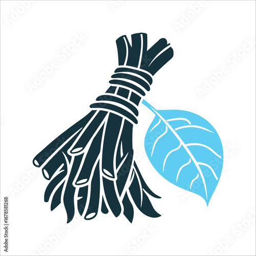 Herbal Medicine Bundle: Roots, Leaves, Potency Symbol Muthi Herbal Medicine Bundle of tied roots and leaves with one leaf unfurling to show potency