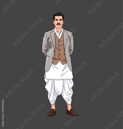 Vector Illustration of Man in White Dhoti Kurta with Brown Waistcoat and Grey Blazer Blending Traditional and Modern Style