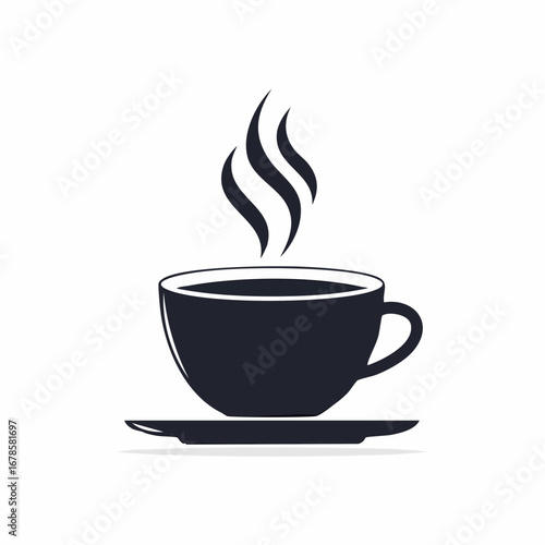 A simple black silhouette of a hot coffee cup with steam rising, resting on a saucer against a clean white background.