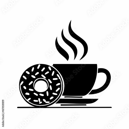 Black and white silhouette illustration of a steaming hot cup of coffee with a sprinkled donut on a saucer.