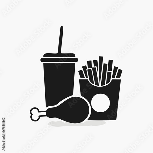 Black silhouette icon of a fast food meal featuring a drink, french fries, and a chicken drumstick on a white background.