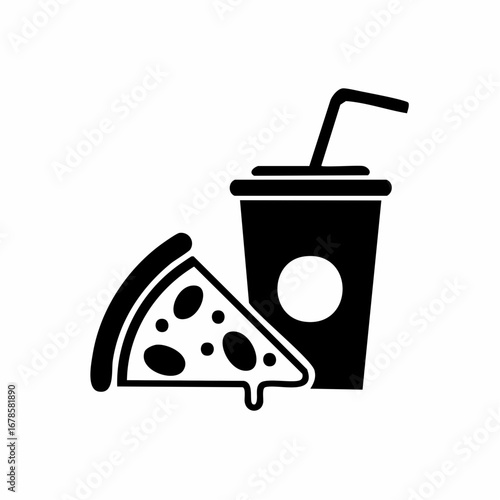 Black silhouette icon of a pizza slice with melting cheese and a soda drink cup with a straw, representing fast food or a meal combo.