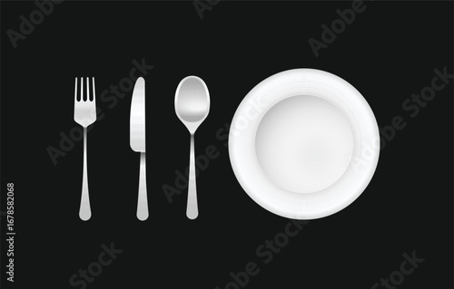 Silverware and plate on black background. Modern vector illustration of a fork, knife, spoon, and dish, perfect for restaurant menus, food blogs, or kitchen-related designs
