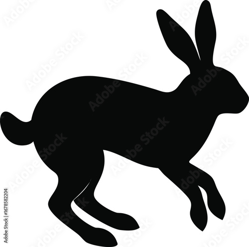 Dynamic black silhouette of a rabbit in mid-stride capturing movement and graceful agility silhouette
