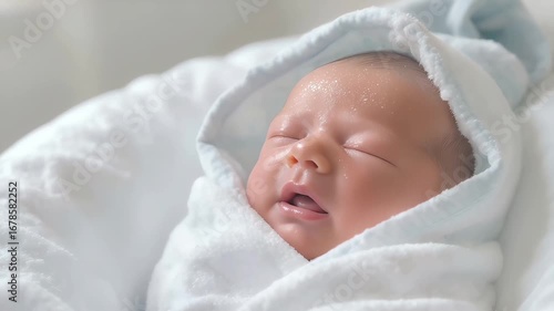 Adorable newborn baby peacefully sleeping while swaddled in a soft, clean white towel, embodying innocence and new life