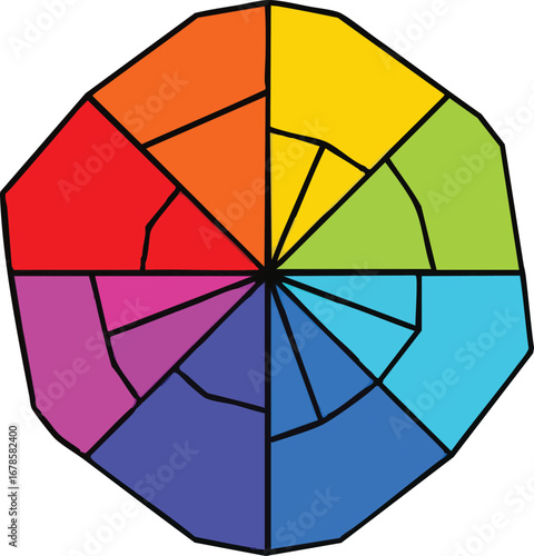 A vibrant, segmented color wheel showcasing a spectrum of hues.