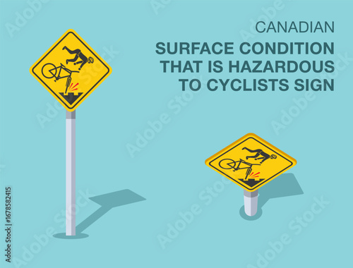 Traffic regulation rules. Isolated canadian "surface condition that is hazardous to cyclists" road sign. Front and top view. Flat vector illustration template.