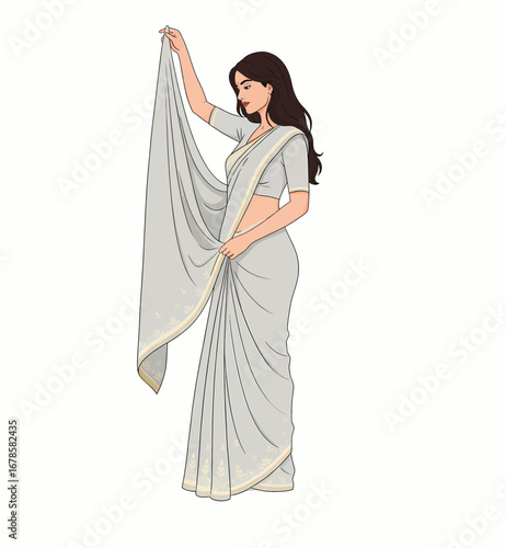Elegant Vector Illustration of Woman in Traditional Indian Saree Gracefully Draping Pallu Over Shoulder