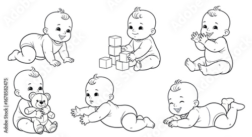 Adorable baby illustrations for creative projects, featuring playful poses and toys