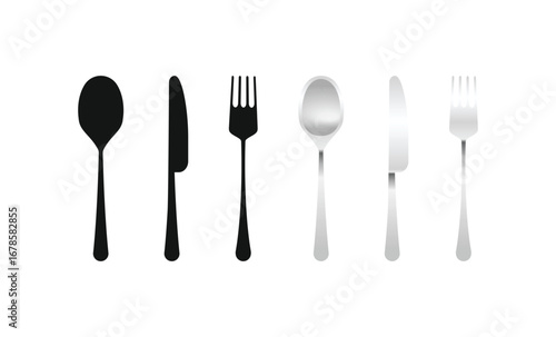Black and silver cutlery set. This modern illustration features a spoon, knife, and fork in both silhouette and realistic styles on a clean white background. Perfect for elegant food-related projects