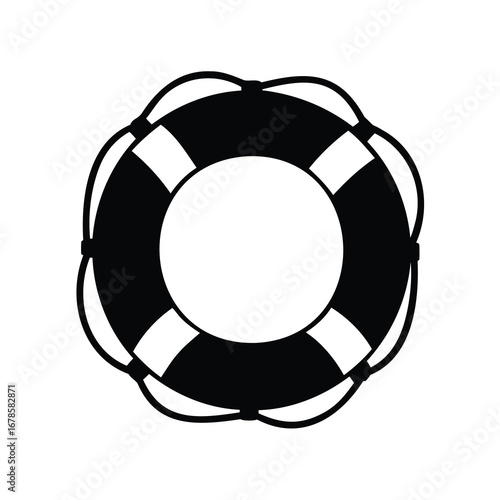 Stylized black and white lifesaver buoy floating in negative space illustration, lifebuoy ring silhouette vector illustration