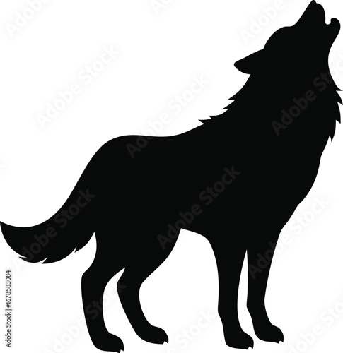 Majestic black silhouette of a wolf howling at the moon on a clean iconic wildlife symbol silhouette