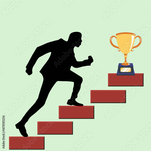 man climbing running fast to pick victory cup indicating hardwork success goal achievement concept.eps