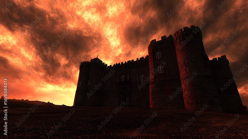 Fototapeta premium Epic Medieval Castle at Fiery Sunset Landscape