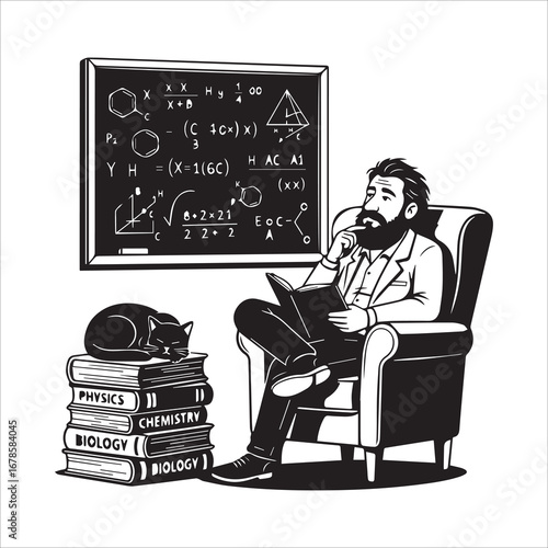 Vector art of scientist sitting in chair with cat and books