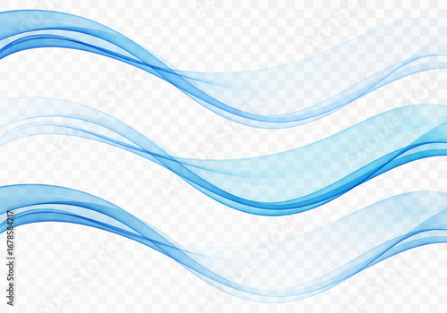 Three waves, transparent blue wave design element. Blue motion wave, smoky flow curve. Abstract waves set.