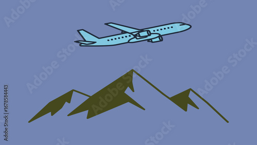 Minimal flat vector of an airplane flying above a mountain peak, symbolizing travel and adventure, sharp and modern, high resolution