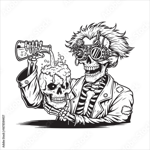 Vector art of mad scientist skeleton with goggles doing an experiment