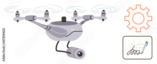 Compact quadcopter Quadcopter with a camera, rotating propellers, a gear icon for automation, and a cursive signature. Ideal for innovation, delivery, automation, security, data contracts efficiency